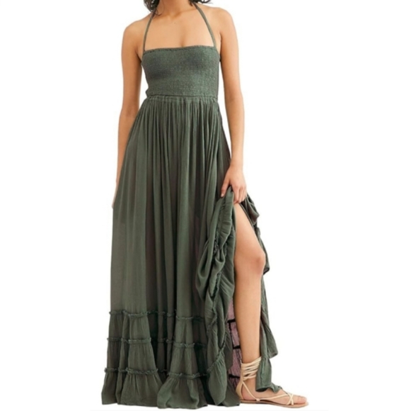 Army Green Summer Maxi Dress Tiered Full Flowy Bohemian Beach Vacation New - Picture 2 of 14